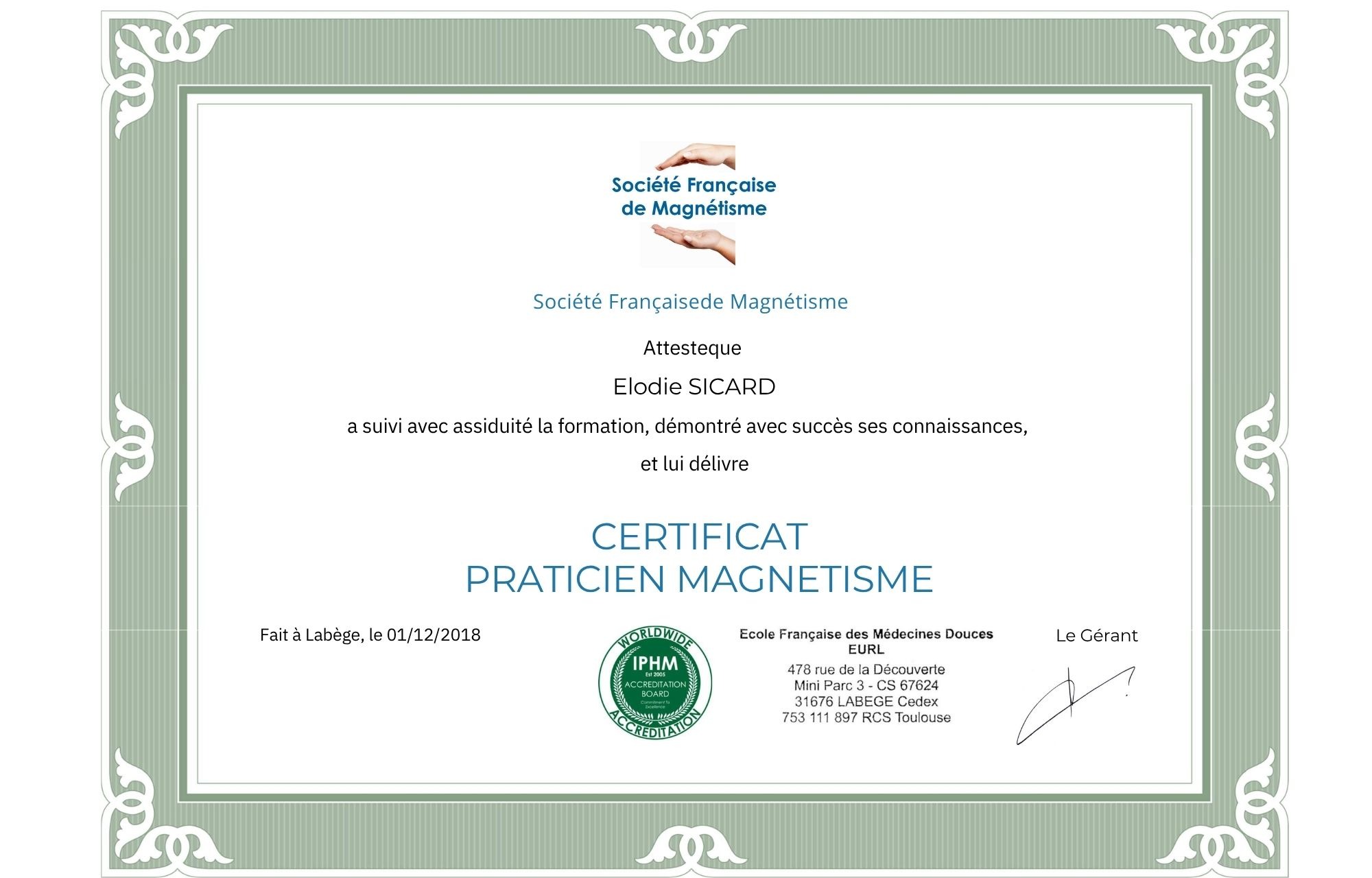 Certificat praticien magnétisme Elodie Sicard